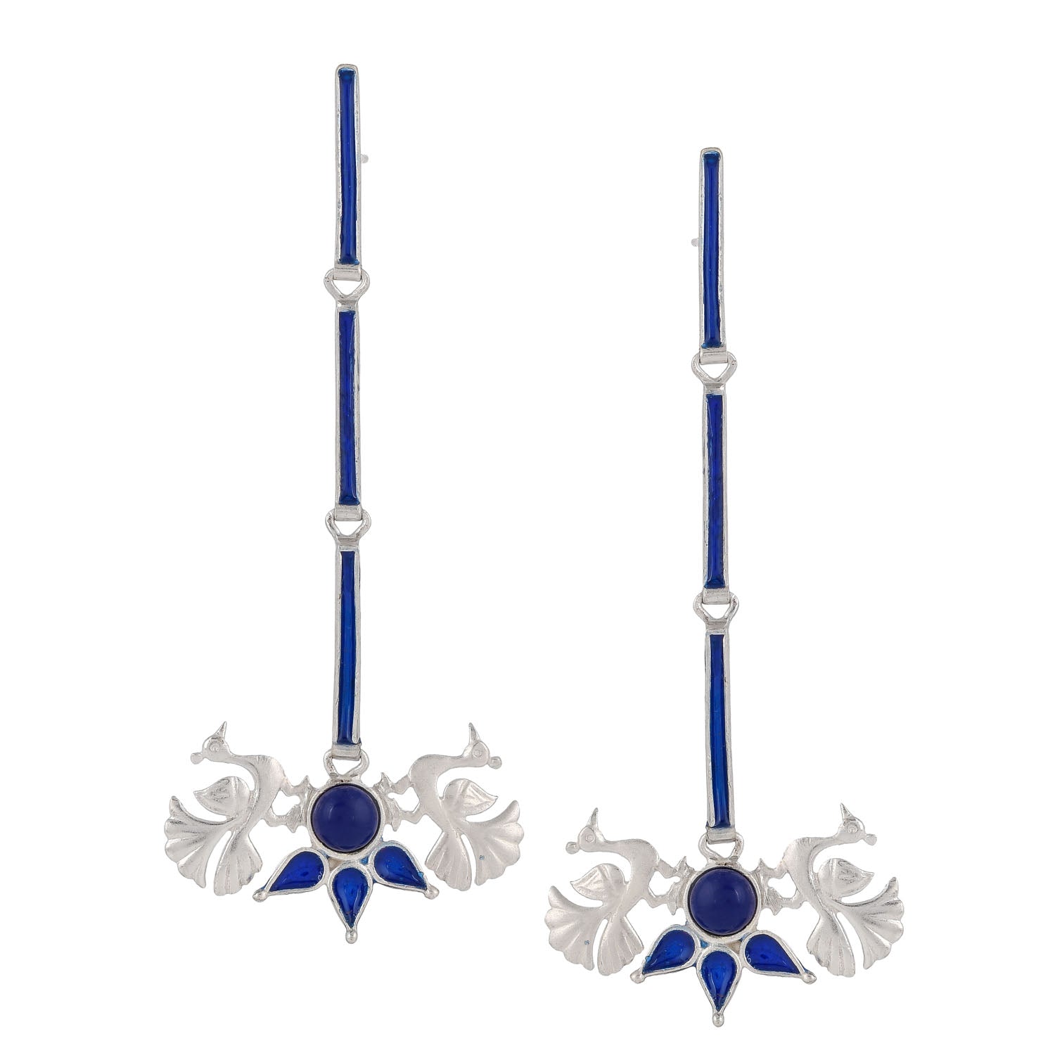 Peacock Long Earrings Mid Night Blue